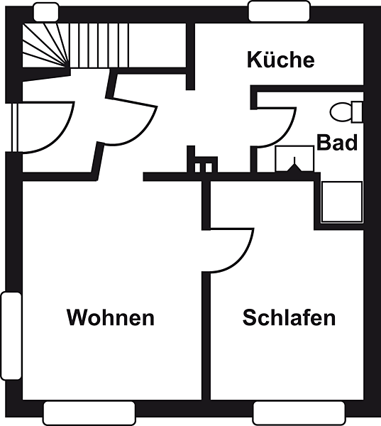 Grundriss der Wohnung I mit Wohnzimmer, Schlafzimmer, Küche und Bad