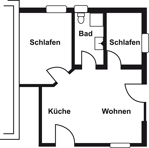 Grundriss der Wohnung II mit Wohnbereich, Schlafzimmer, Küche, Bad und Terrasse