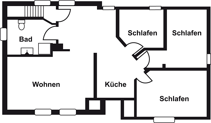 Grundriss der Wohnung III mit drei Schlafzimmern, Küche mit offenem Wohn-Essbereich und Bad